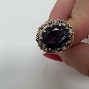 Stunning natural diamonds 14K yellow gold and large sapphire color gemstone ring
